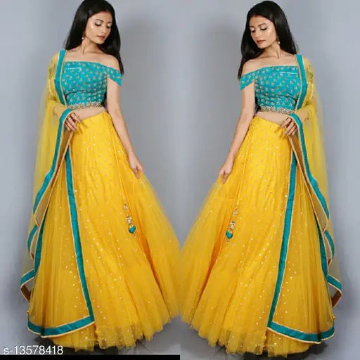 Silk and net embroidered lehenga set with lace dupatta, Indian semi-stitched free size