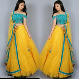 Silk and net embroidered lehenga set with lace dupatta, Indian semi-stitched free size