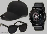 Black sports baseball cap with Avenger printed dial, black silicone strap analog watch, and black polarized lens wayfarer sunglasses for men and boys - Indian-made athletic fashion accessories set