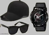 Black sports baseball cap with Avenger printed dial, black silicone strap analog watch, and black polarized lens wayfarer sunglasses for men and boys - Indian-made athletic fashion accessories set