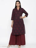 Maroon cotton Jaipuri floral print straight kurta sharara set for festive party casual wear, three-quarter sleeves, Indian women's traditional outfit on mannequin