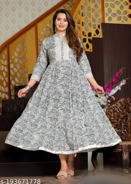 Rayon grey kurti gown, printed combo, ideal for parties & festivals. Three-quarter sleeves, made in India