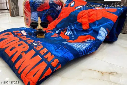 Reversible blue car print kids comforter, ultra-soft glace cotton, all-season use, 90x60 inches (Shine Creations)