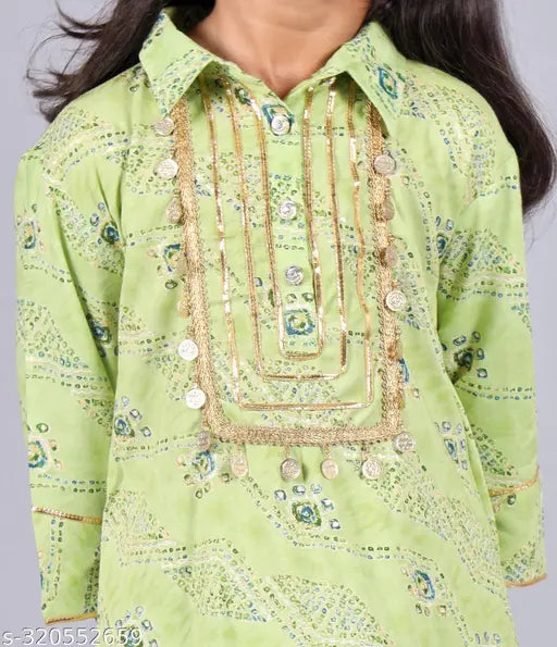 Nanci Girls Rayon Printed Kurta and Pyjama Set - Indian festive wear for girls aged 5-8, featuring spread collar and frilled hem, ready to wear for parties and ceremonies