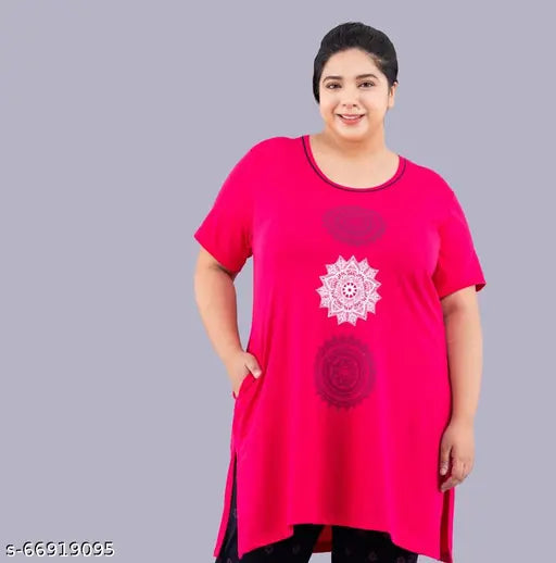 Plus size cotton night suit sets for women 3XL/4XL/5XL - Comfortable round neck long length shirt with side slits and pocket pyjamas with drawstrings. Premium cotton for active, gym, exercise or casual wear. Made in India
