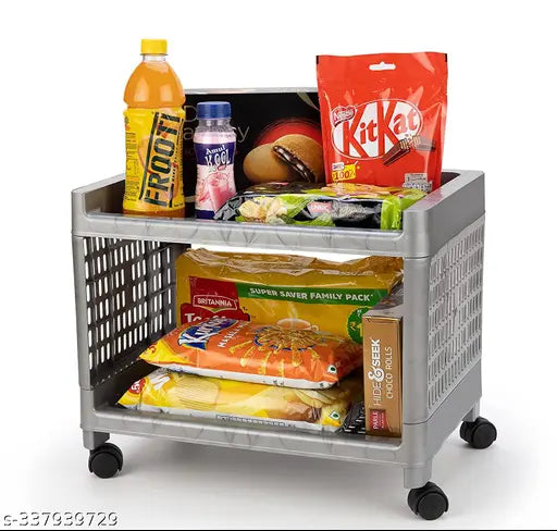 Grey plastic 2-layer kitchen & office organizer rack with wheels, ideal for storage in kitchen and workspace