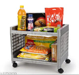 Grey plastic 2-layer kitchen & office organizer rack with wheels, ideal for storage in kitchen and workspace