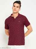 Maroon all-over printed cotton polo t-shirt for men, short sleeves, made in India