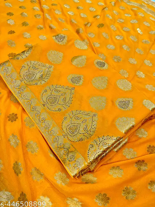 Chiffon saree with zari woven pattern, free size, 6m length, heavy seroski work, made in India