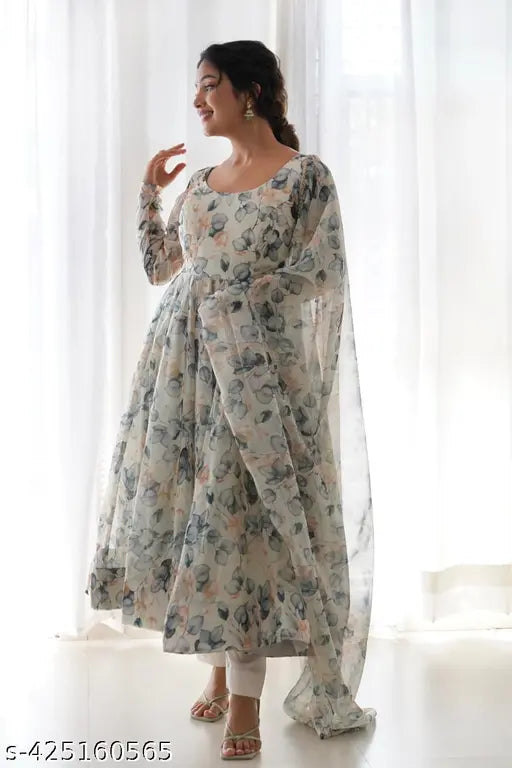 Georgette keshavi gown with printed dupatta, long-sleeved Indian outfit set for women, vibrant colors on display