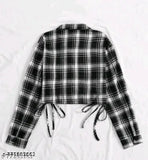 Cotton checked long sleeve woman's shirt, stylish and versatile, size N-XL, Indian origin