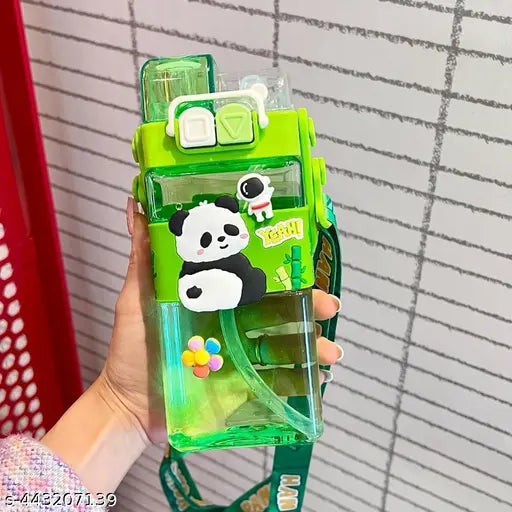 Green panda-themed dual mouth water bottle, high-quality plastic, 520ml capacity, kid-friendly with hanging handle & strap