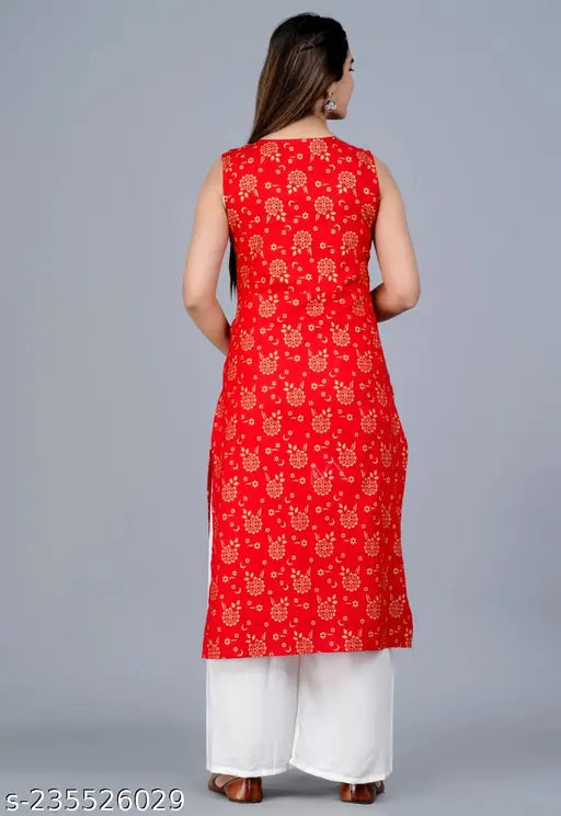 Rayon gold print Jaipuri sleeveless kurta and palazzo set, vibrant Indian fashion on display