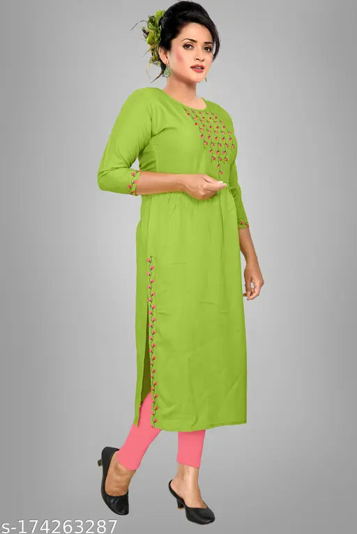 Blue rayon three-quarter sleeve Popti D185 Naira Kurtis with round neck and floral embroidery, suitable for parties and festive occasions. Hand wash recommended. Indian handcrafted product may vary slightly due to individual artisan touch