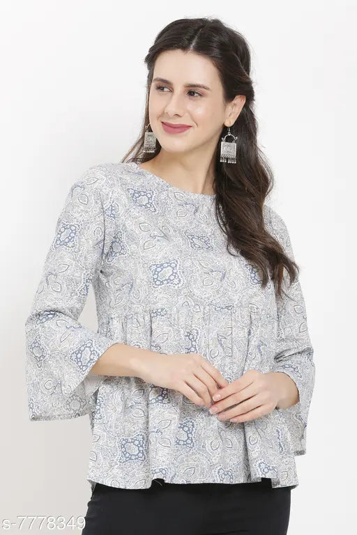 White printed cotton bell sleeve top, three-quarter sleeves, Indian-made cotton fashion for women