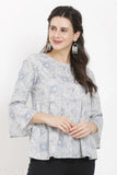 White printed cotton bell sleeve top, three-quarter sleeves, Indian-made cotton fashion for women