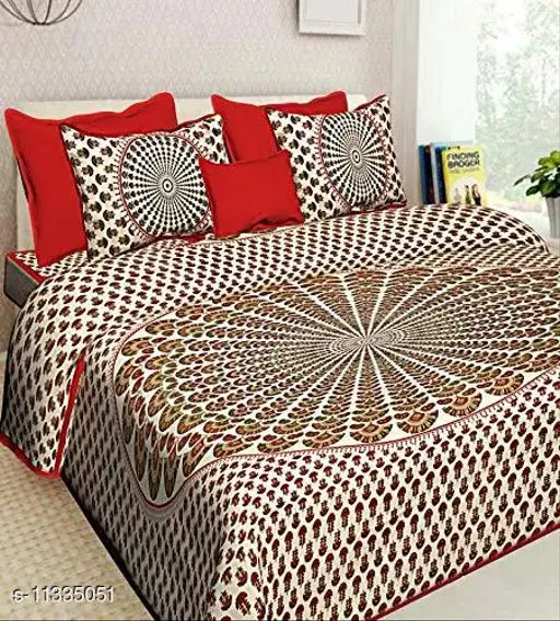 Jaipuri Print polycotton double bed sheet set with 4 Lahriya pattern and 1 Jaipuri print pillow covers, Indian-made queen size (93 x 83 inches)