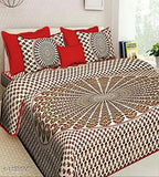 Jaipuri Print polycotton double bed sheet set with 4 Lahriya pattern and 1 Jaipuri print pillow covers, Indian-made queen size (93 x 83 inches)