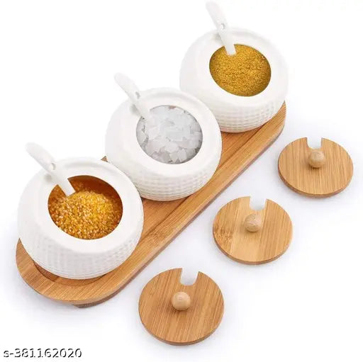 Ceramic condiment set with serving bowl & tray, salt container, pickle jars for dining table and kitchen, with wooden base & stackable bamboo lids