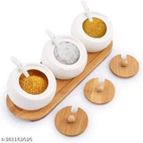 Ceramic condiment set with serving bowl & tray, salt container, pickle jars for dining table and kitchen, with wooden base & stackable bamboo lids