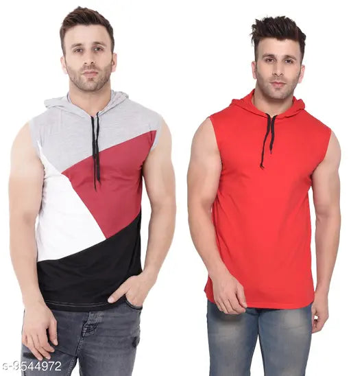 Multicolor cotton blend sleeveless hoodies for men, pack of 2 with colorblocked pattern on display rack