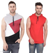 Multicolor cotton blend sleeveless hoodies for men, pack of 2 with colorblocked pattern on display rack