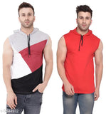 Multicolor cotton blend sleeveless hoodies for men, pack of 2 with colorblocked pattern on display rack