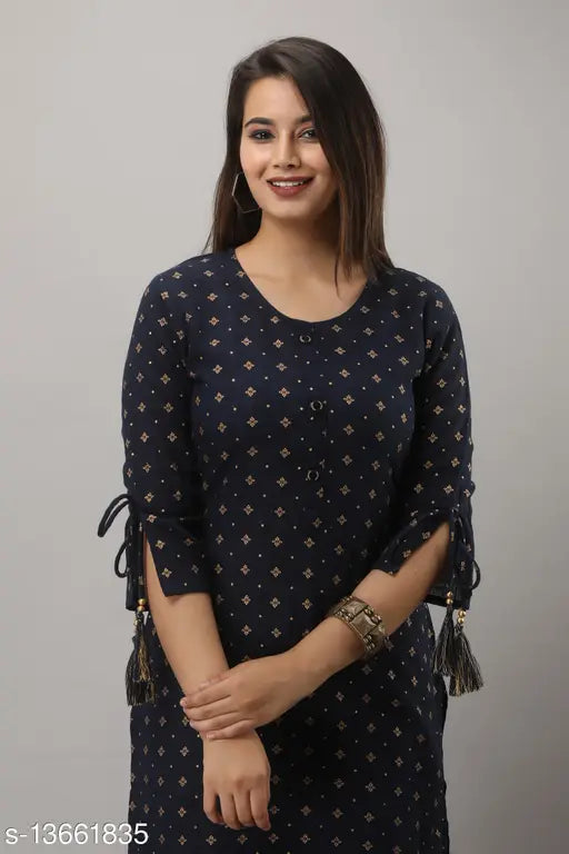 Cotton slub kurta & rayon sharara set, three-quarter sleeves, printed pattern, Indian made" (108 characters)
