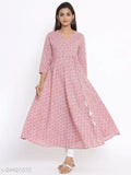 Women's pink floral print Anarkali cotton kurti, 3/4 sleeves, V-neck. Soft and stylish ethnic wear, perfect for regular wear by MIRAVAN (India), size S - 5XL