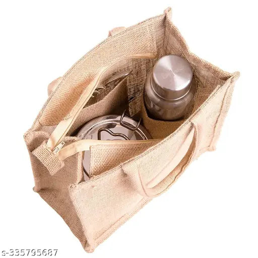 Beige jute tiffin bags with zip (Dine 3 print) for men's lunch, eco-friendly and waterproof, medium size 11x9x6 inch pack of 5 from Cabanaretail