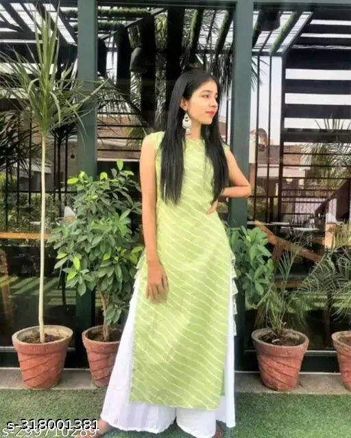 Green striped cotton sleeveless 'Mm Leherya' kurti on display, hand-washed and dyed, Indian origin