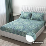 Glace Cotton, fully elastic double bedsheet with ethnic motifs & 2 pillow covers, ideal for summer use on fitted beds up to 8" thick (78 x 72 inches)