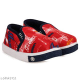 Red mesh slip-on casual boots for kids, featuring printed net design and PVC material. Available in various sizes: 12-15 months (foot length size: 12.5 in), 15-18 months (foot length size: 13 in), 21-24 months (foot length size: 13.5 in), 2-2.5 years (foot length size: 14 in), 2.5-3 years (foot length size: 14.5 in), and 3-3.5 years (foot length size: 15 in). Made in India