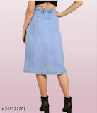 Modern denim long skirt, solid pattern, knee-length. Sizes: 28, 30, 32 (Waist 28in/30in/32in, Length 30in). Made in India