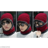 Red woolen skull cap & muffler set for men/women - ultra soft, fashionable cold-weather accessory from India