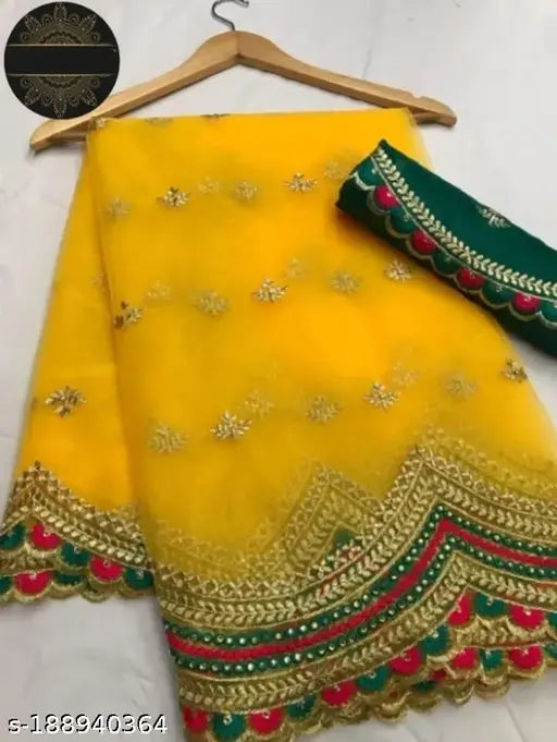 Yellow ikat net embroidered saree with separate blouse piece, cotton silk fabric, Indian fashion statement for any occasion