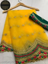Yellow ikat net embroidered saree with separate blouse piece, cotton silk fabric, Indian fashion statement for any occasion