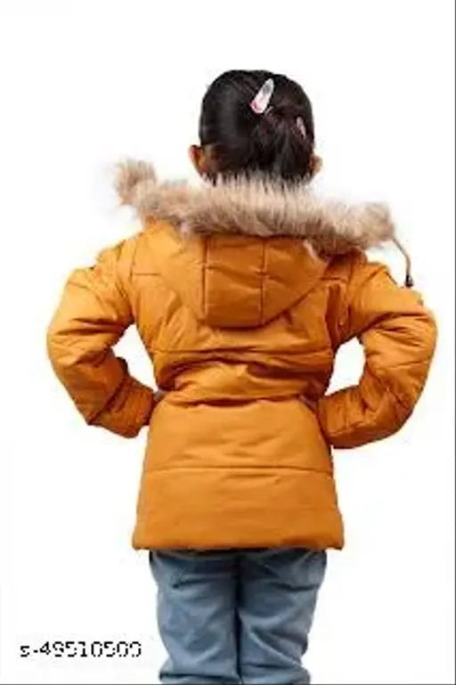 Solid nylon puffer jacket by JayKon, mock collar with hoodie cap, long sleeves, fur lining, zip closure, straight hem. Children's sizes: 4-5 years (L: 20", W: 13", H: 15") & 8-9 years (L: 23", W: 16", H: 18"). Made in India