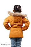 Solid nylon puffer jacket by JayKon, mock collar with hoodie cap, long sleeves, fur lining, zip closure, straight hem. Children's sizes: 4-5 years (L: 20", W: 13", H: 15") & 8-9 years (L: 23", W: 16", H: 18"). Made in India