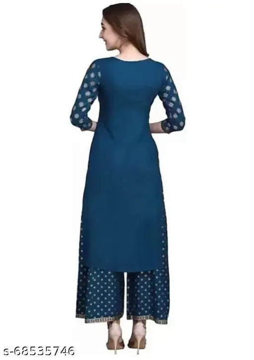 Blue Rayon printed kurti with palazzo, perfect casual & festive wear for women