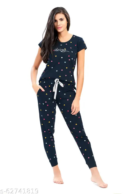Navy blue multi heart print cotton womens pajama set, flattering cuts and a riot of colors for ultimate loungewear comfort