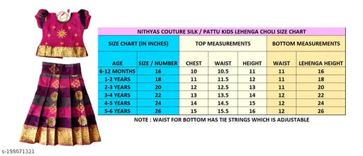 Embellished silk lehenga-choli set for kids, Indian designer Pattu Pavadai and Langa. Hand wash or dry clean recommended