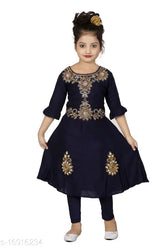 Girls Navy Blue Rayon Three-Quarter Sleeve Self-Design Net Kurti Pack of 1 for Kids, Age 4-7 years, Country of Origin: India