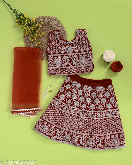 Velvet-draped baby lehenga choli in self-design abstract pattern, 6-12 months size, Indian traditional attire