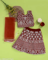 Stylish velvet lehenga-choli set for baby girls, abstract pattern, self-design, sleeveless, net dupatta. Indian traditional lehenga fashion for 6-24 months