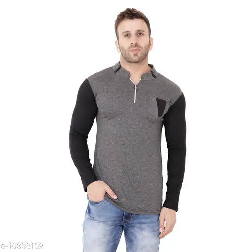 Grey cotton blend long sleeve mandarin t-shirt with self-design net pattern, ideal for casual wear
