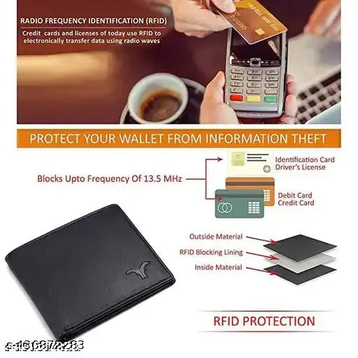 SKINBULL RFID Blocking Men's Wallet, black genuine leather wallet with 5 compartments, full-grain leather, RFID secure technology, compact size, perfect for men and boys