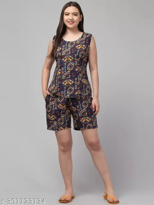 Women's red printed crepe top & shorts night suit, luxury loungewear with playful print and relaxed fit
