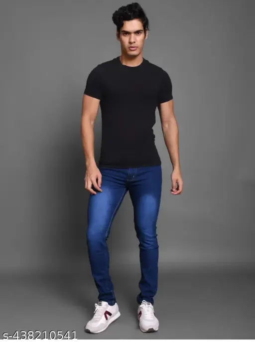 Blue denim men's jeans, stretchable slim fit from FANG JEANS. Sizes available: 28, 30 (31 waist x 40 length), 32 (33 waist x 40 length), 34 (35 waist x 40 length). Made in India