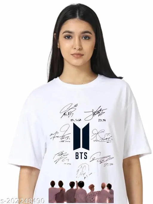 Oversize BTS print cotton blend woman's t-shirt, loose-fitting, short sleeves